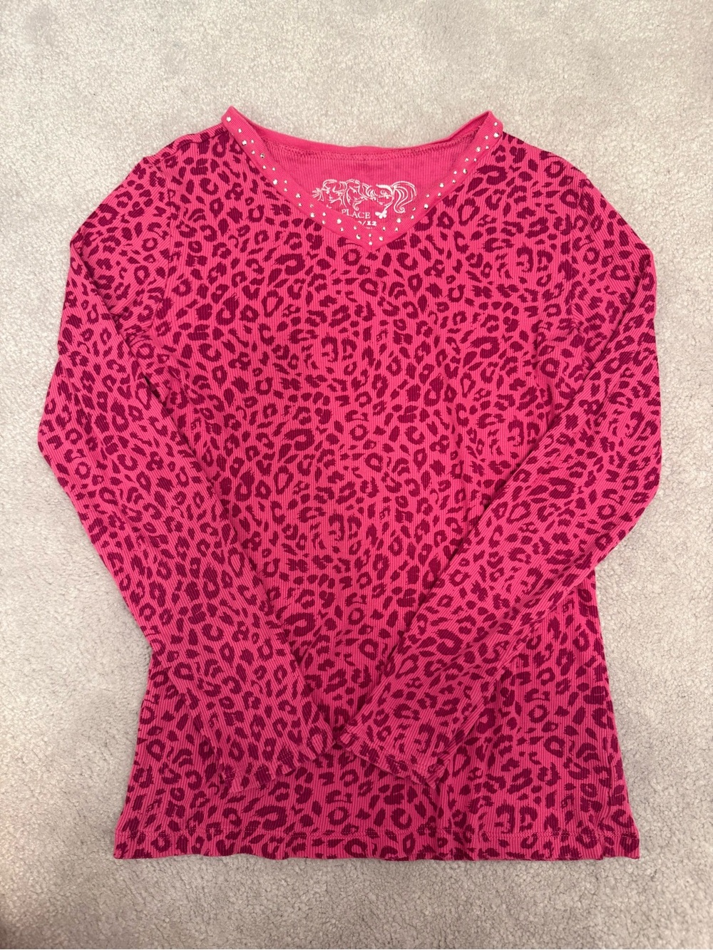 2000s Y2K Hot Pink Leopard-Print Long Sleeve Top with Rhinestone Neck